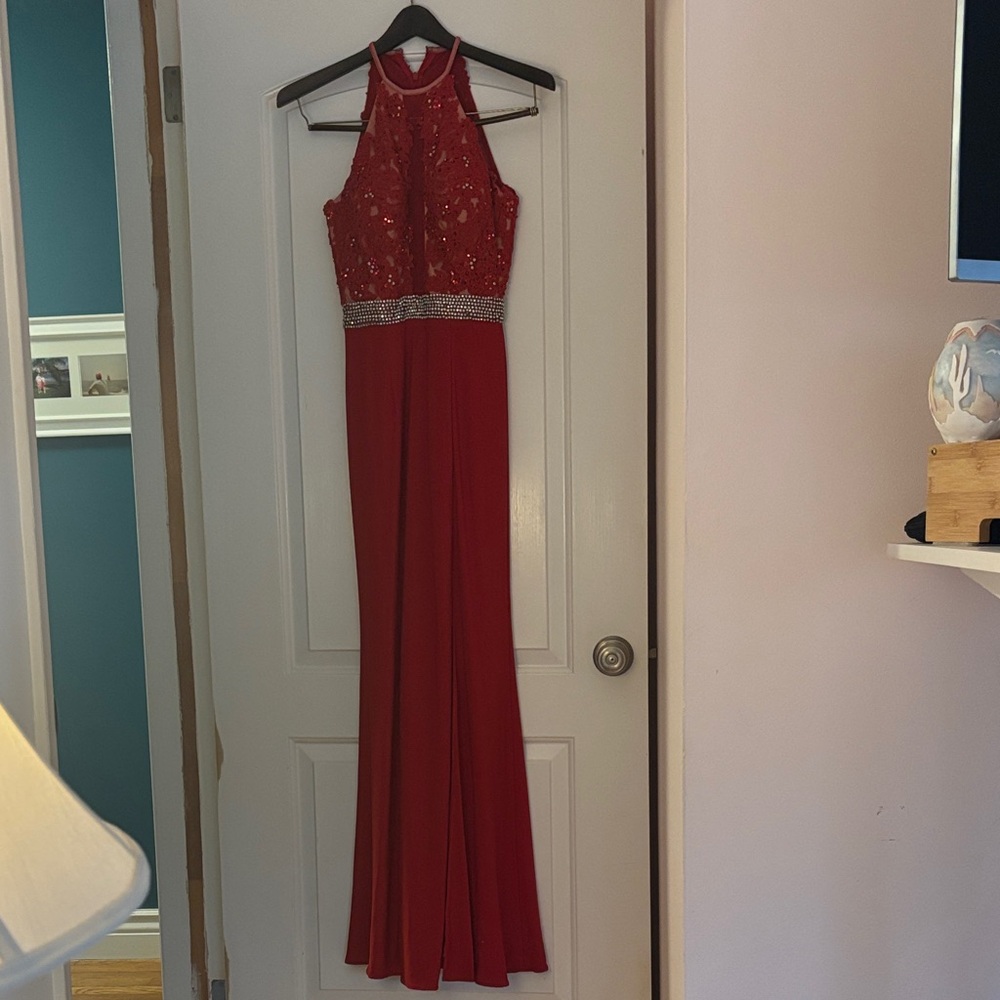 Sherri Hill Red Beaded Halter Evening Gown